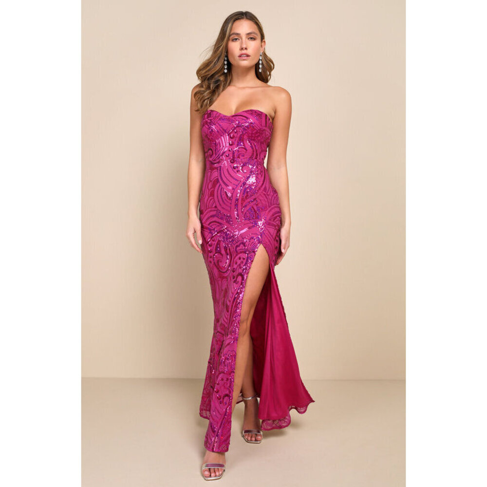 Lulus Glamorous Intrigue Magenta Sequin Strapless Maxi Dress Pink - Size L